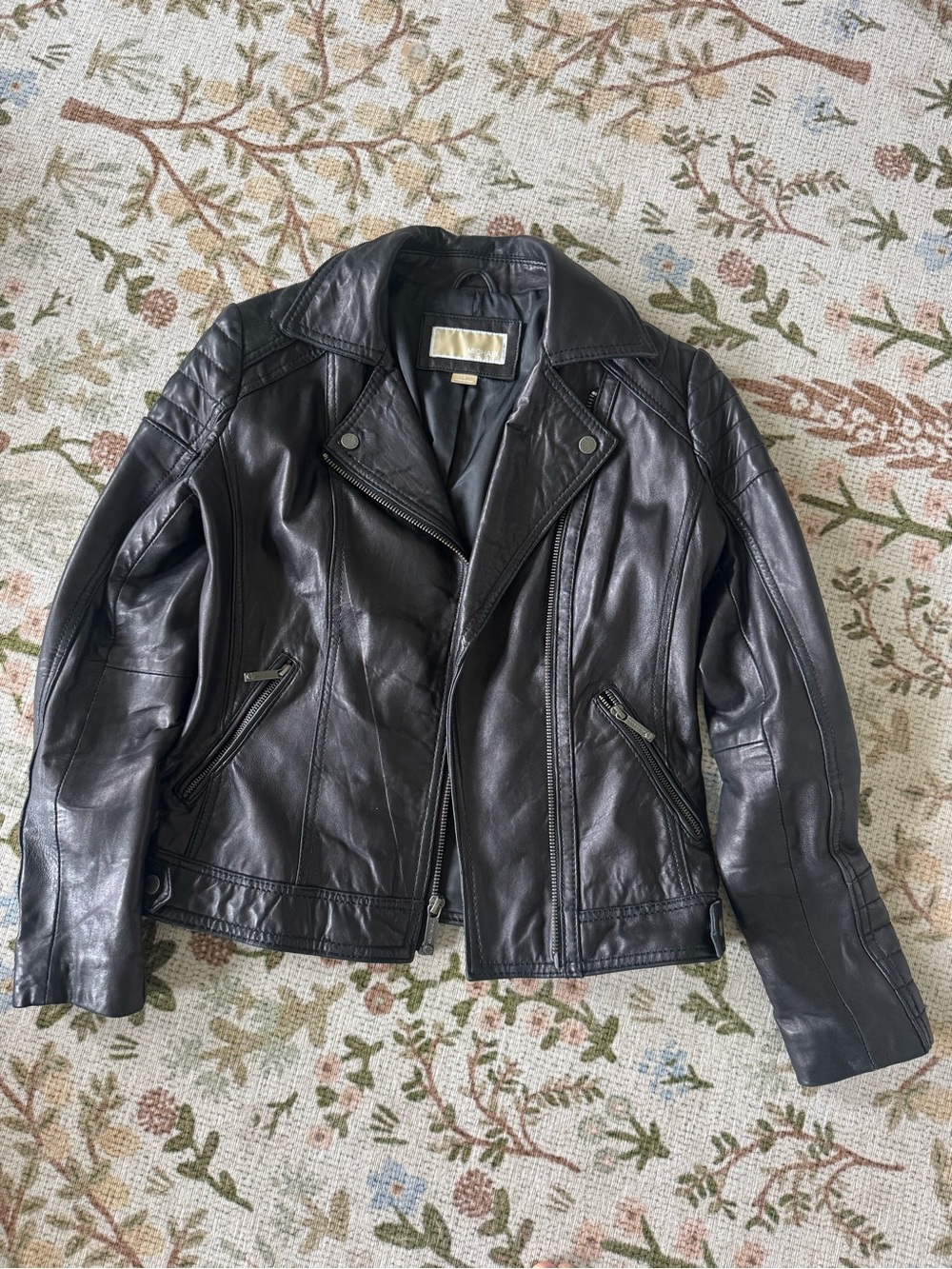 Michael Kors Black Leather Moto Jacket with Zip Pockets